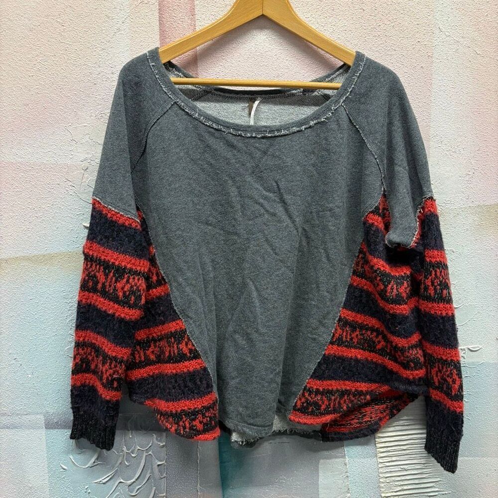 Free People L Red Gray Boat Neck Sweater Alpaca Wool Cotton Boho Preppy Classy